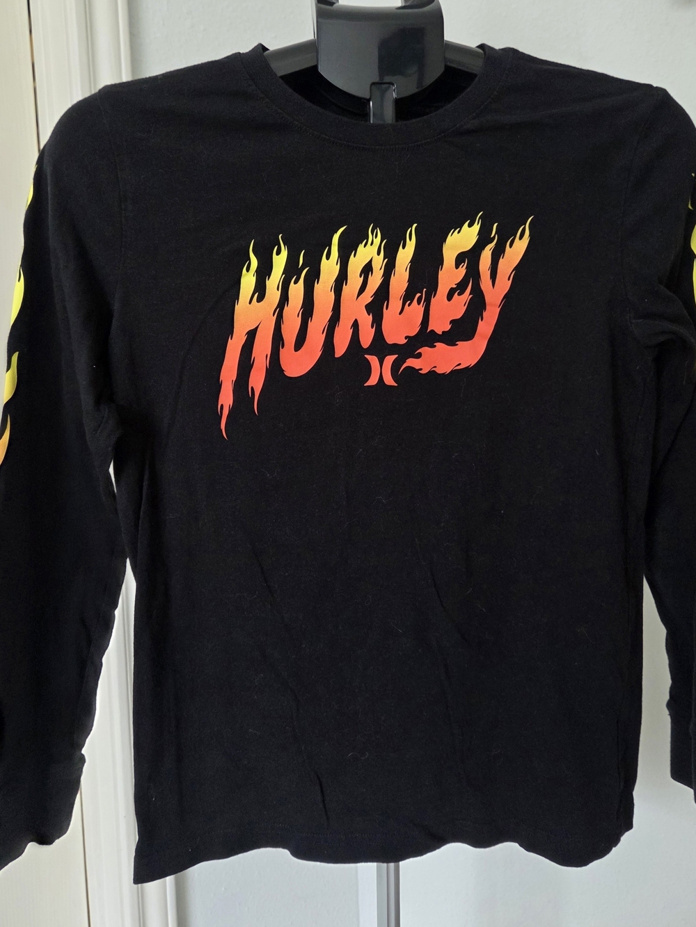 Hurley Black Long Sleeve Shirt with Orange-Yellow Flame Logo